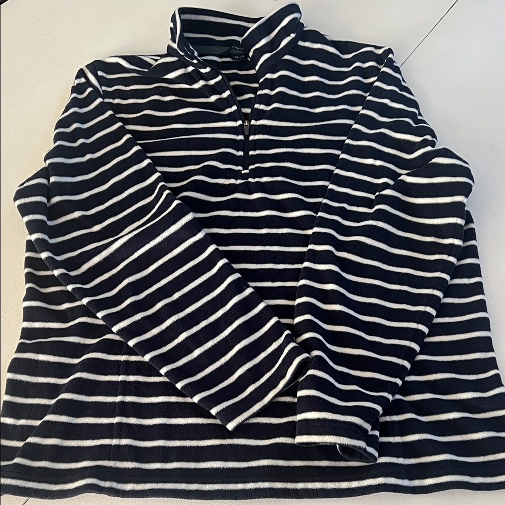 Lands' End Women’s Navy and White Striped Zip-Up Sweater